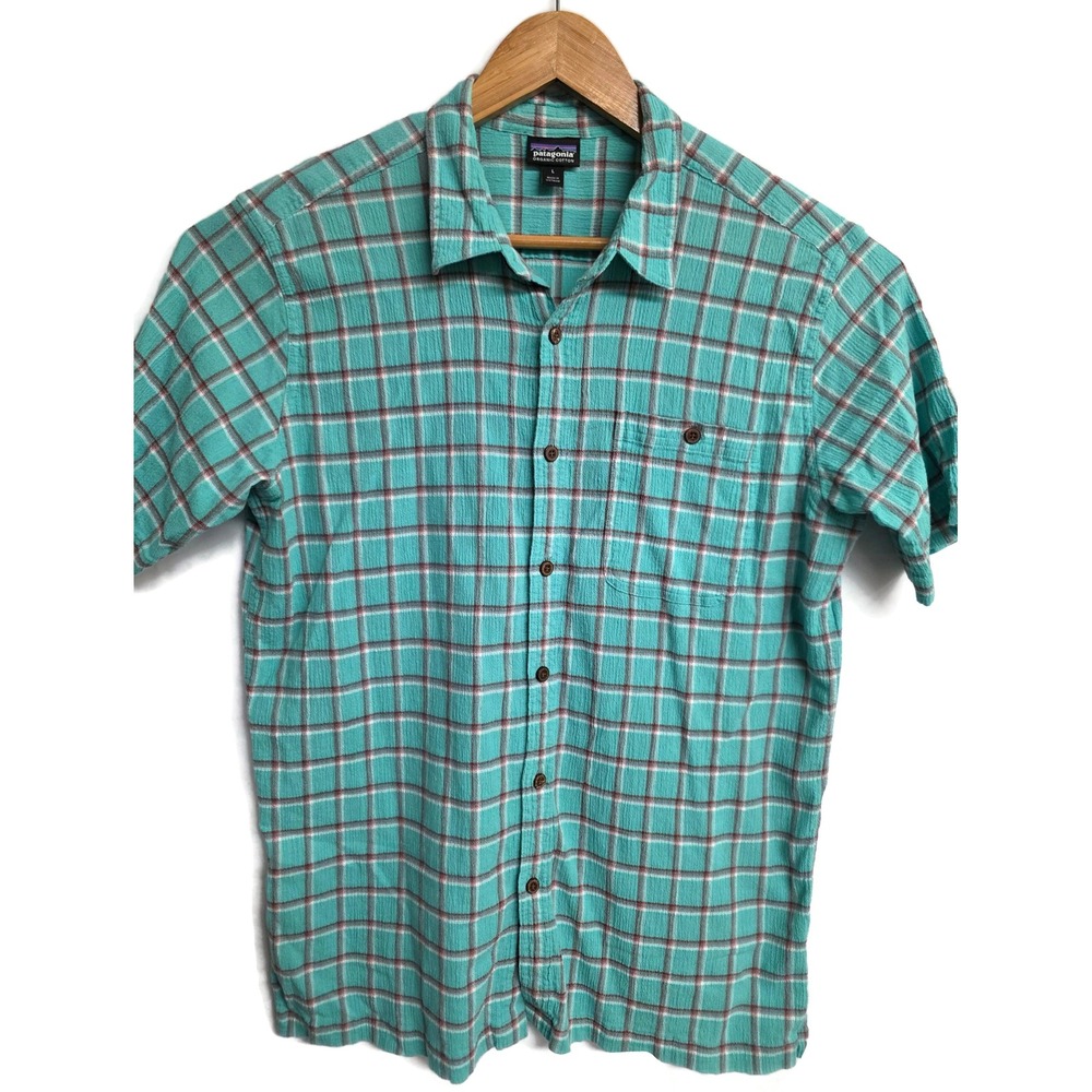 Patagonia Mens Organic Cotton Plaid Short Sleeve Button Down Shirt Teal Large